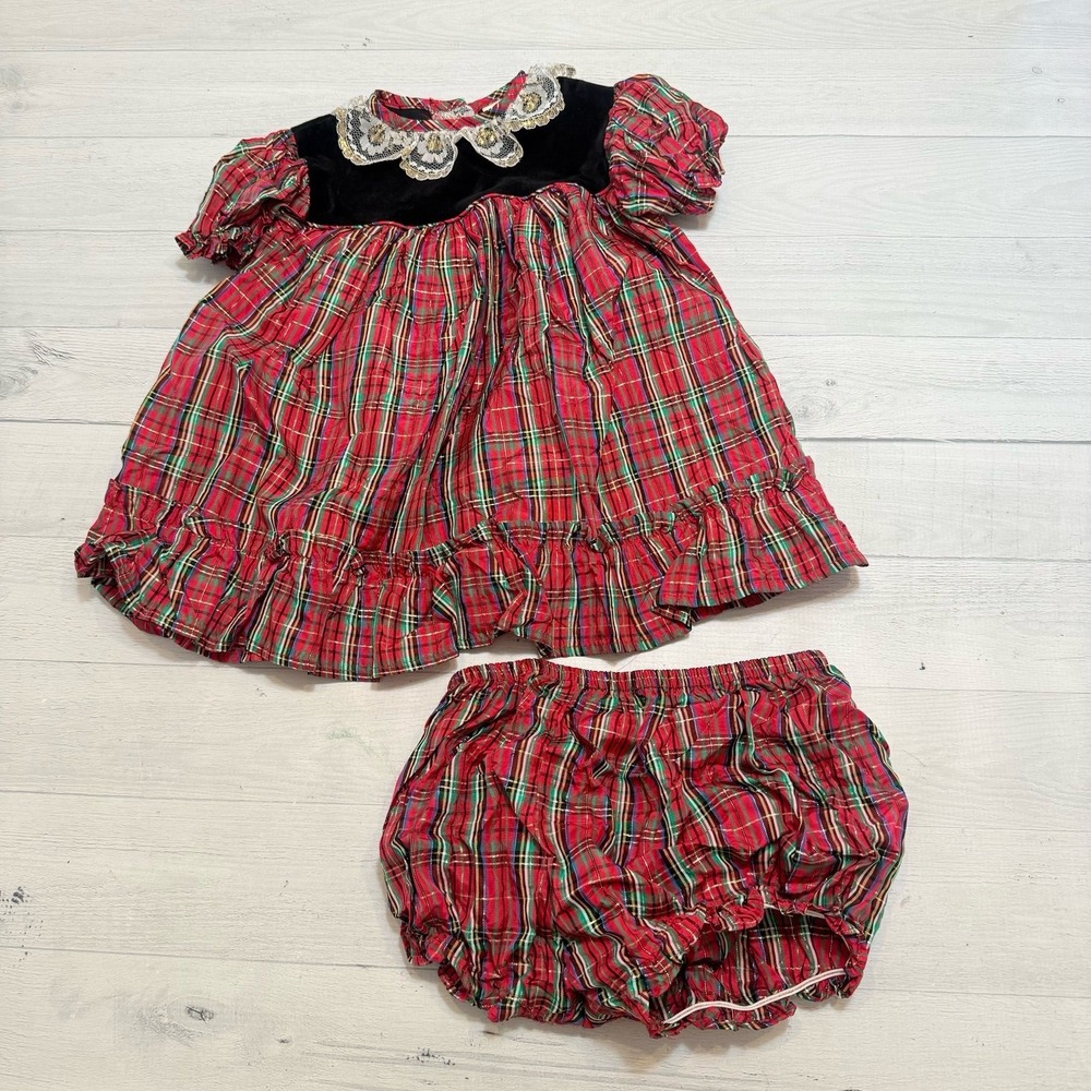 Vintage little precious baby‎ girl two piece plaid dress velvet lace 24 months